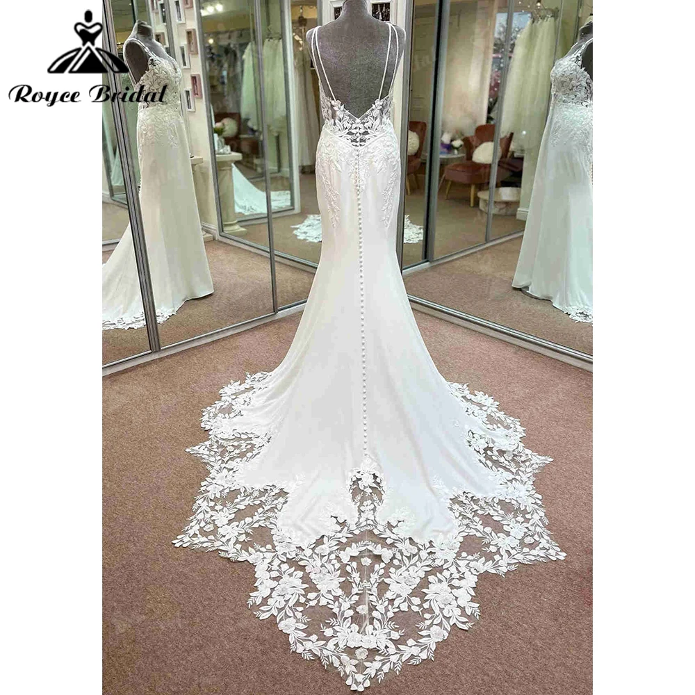 Vestido de casamento com decote em v sem costas vestido de casamento com trem vestido de noiva sereia estilo birdal vestido de cetim longo robe mariage femme