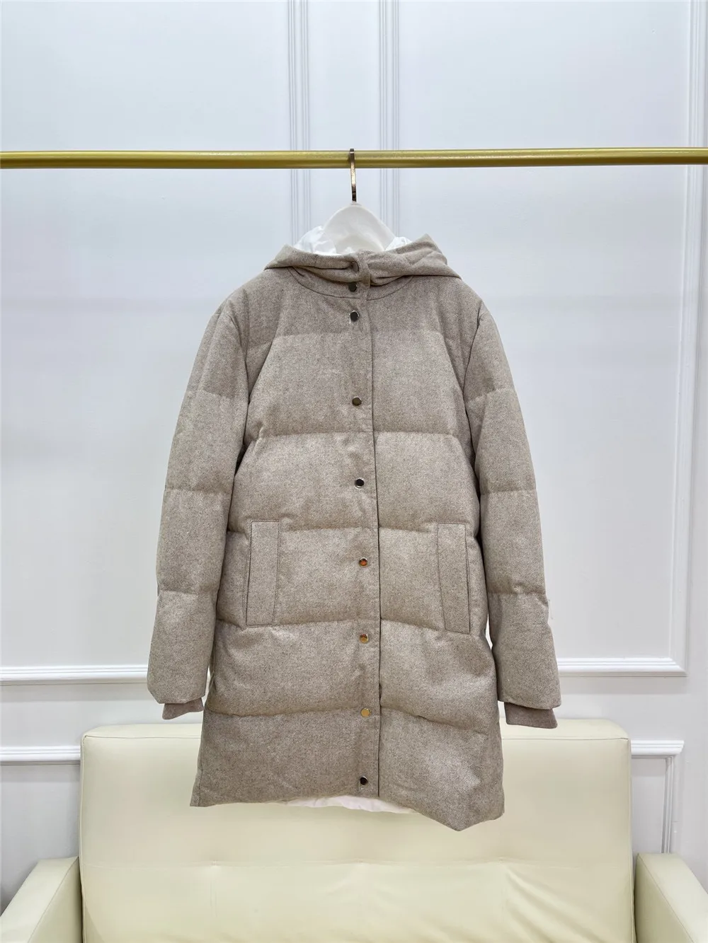 2024 Women's Fake Two-Piece Hooded Wool Cashmere Goose Down Jacket Winter Thick Warm Mid-Length Bread Coat