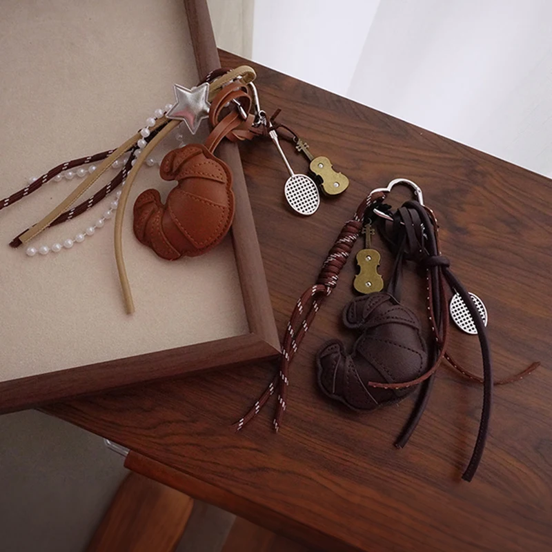Diy Braided Rope Leather Croissant keychain Anti-Lost Bag Decoration Ladies Horn Bag Pendant Trinket Hand-Woven