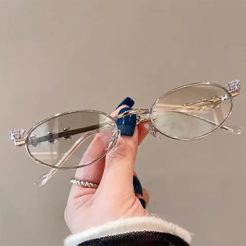 نظارات شمسية فاخرة بإطار بيضاوي معدني ماسي للنساء بإطار صغير نظارات شمسية بيضاوية UV400 نظارات خارجية عتيقة #6