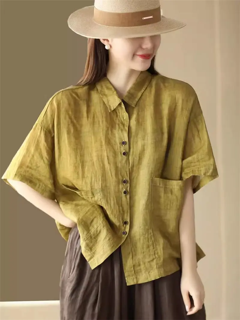 Retro Solid Color Summer Cotton Linen Shirt Women Short Thin Loose Versatile Stylish Casual Tops K620