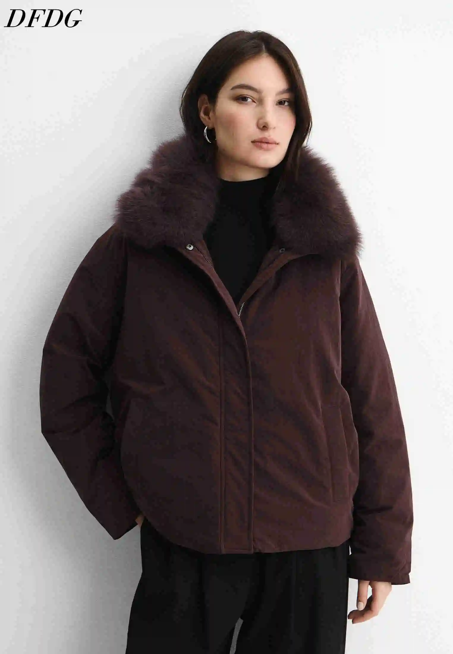 DFDG Women Puffer Short Jacket Big Faux Fur Collar Zip Up Loose Fit Thick Warm Winter Casual Outerwear With Side Pockets Coat