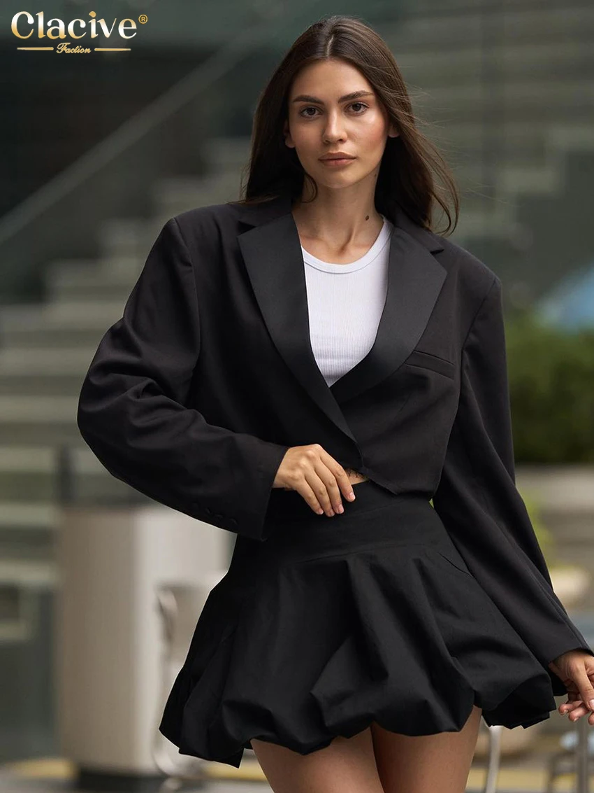 ClacMarkets-Haut court à manches longues et mini jupe plissée pour femme, ensemble 2 pièces noir, tenue élégante, mode adt, 2025