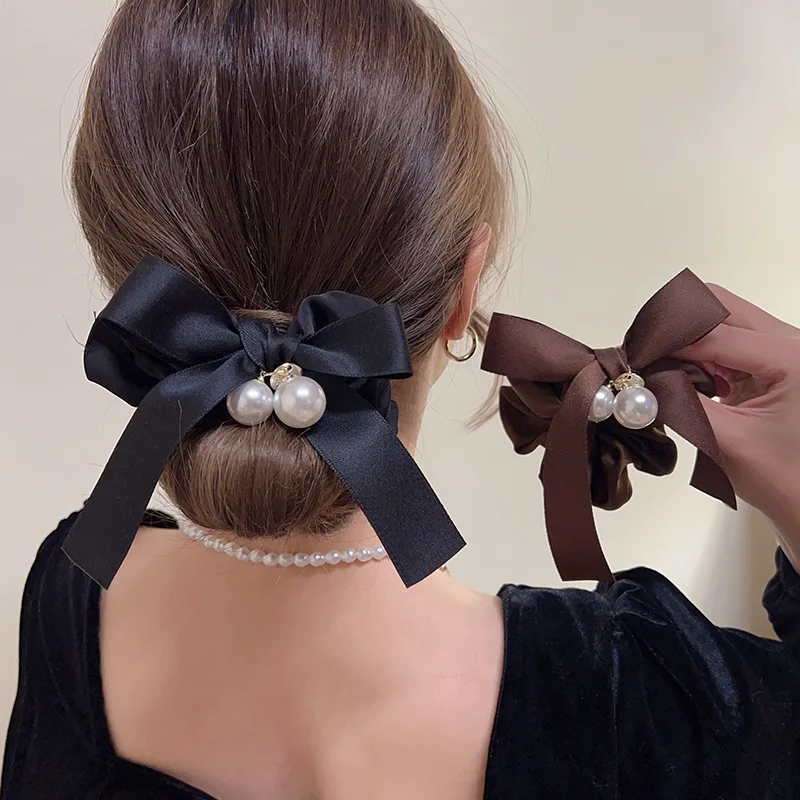 

Korean Woman Fashion Pearl Bow Hair Ties Girls Hair Accessories Rubber Band Elastic Hairband Scrunchies Hair Ring Rope Headwear