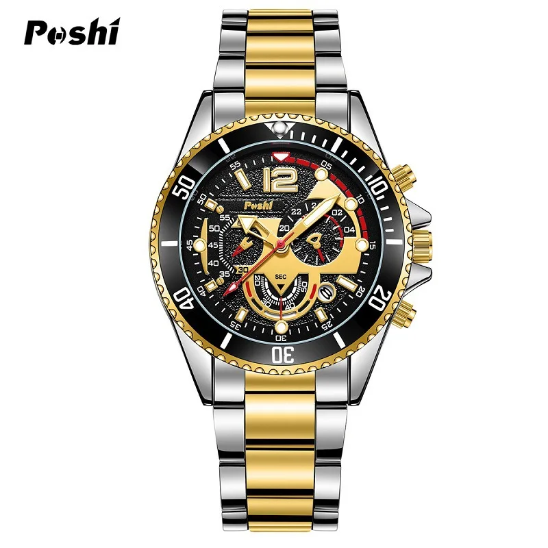 POSHI-Reloj de pulsera de cuarzo para hombre, cronógrafo de lujo, resistente al agua, con correa de aleación luminosa, para negocios