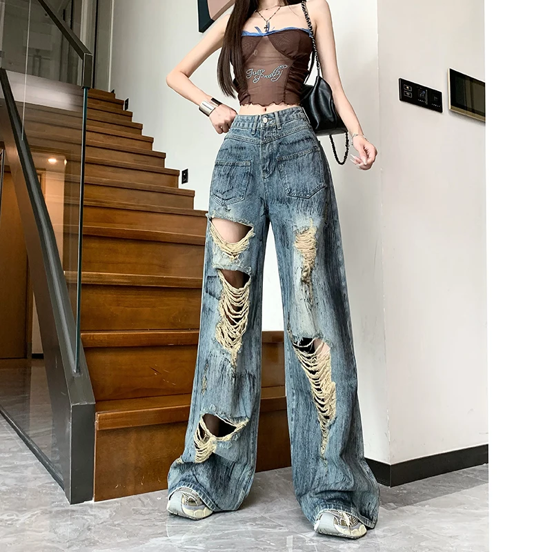 

2024 New American Retro Inkjet Perforated Wide Leg Jeans High Waist Versatile Straight Leg Floor Dragging Pants for women