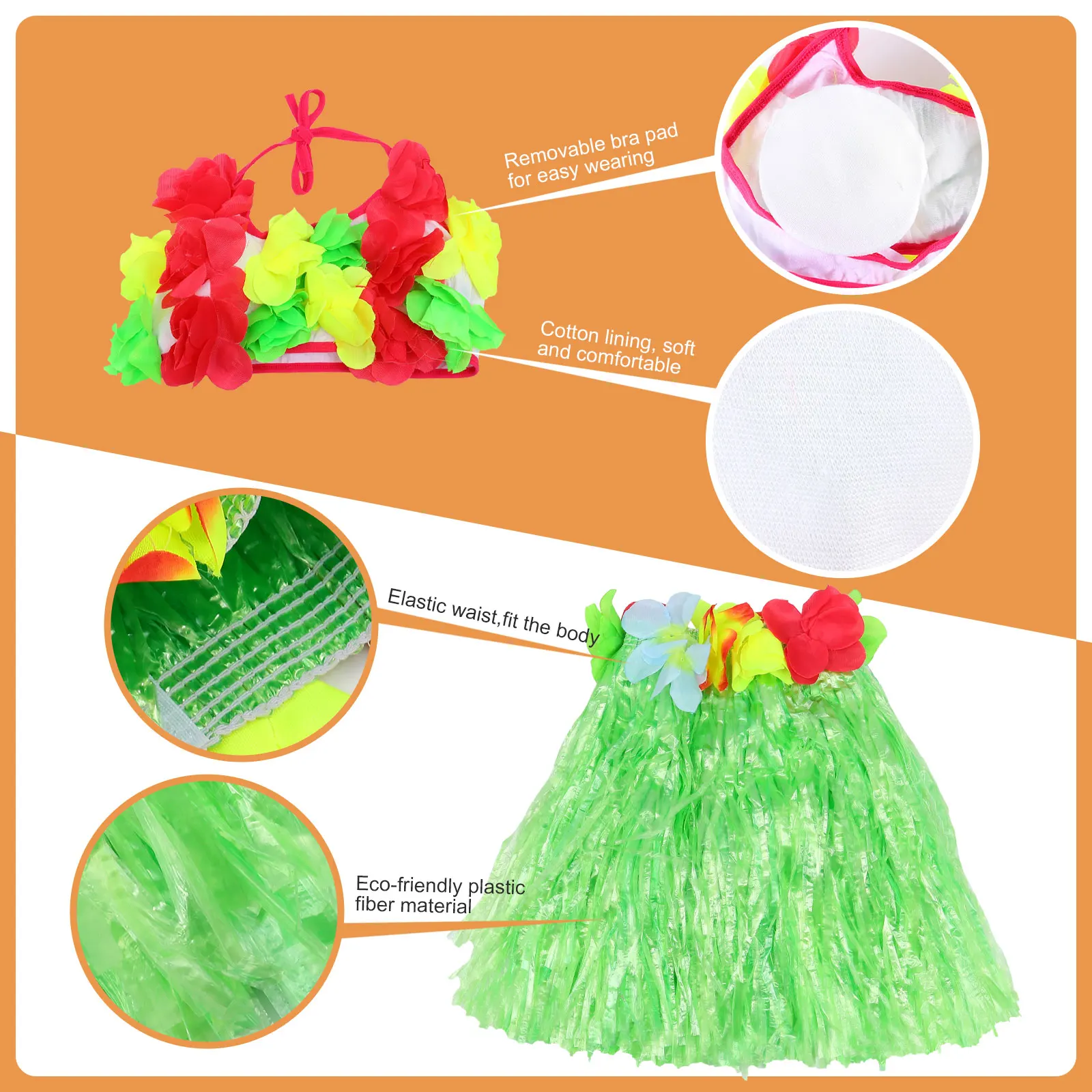 6 pcs Children Costume 40CM Thick Hawaii Straw Hawaii Straw Skirt Skirt Performance Wear Green Set Accessories Cosplay