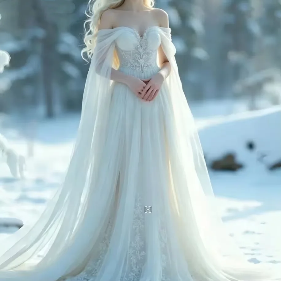 Flowing Cape Sleeve White Tulle Wedding Dress corset Off Shoulder Lace Embroidery Medieval Renaissance Wedding Customized