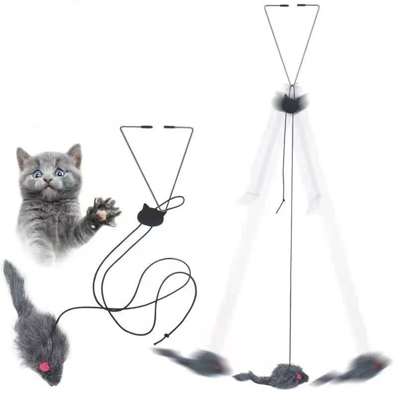 Juguete interactivo de ratón para gato, puerta colgante retráctil, cuerda para rascar, palo de plumas divertido, productos para mascotas