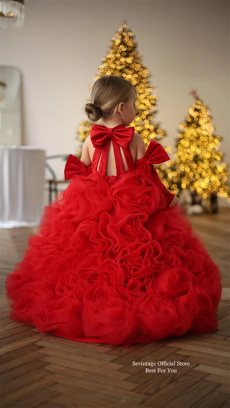 Sevintage Red Princess Long Flower Girl Dresses Back Bow Ruffles Kids Ball Gowns For Wedding Sleeveless Birthday Party Customize