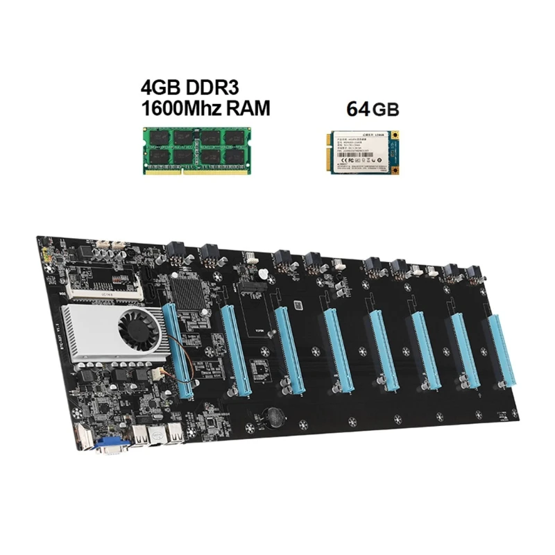 BTC-37 Mining Motherboard Set Spacing 65mm CPU 8 Video Card Slots DDR3 Memory Integrated VGA Low Power Consume