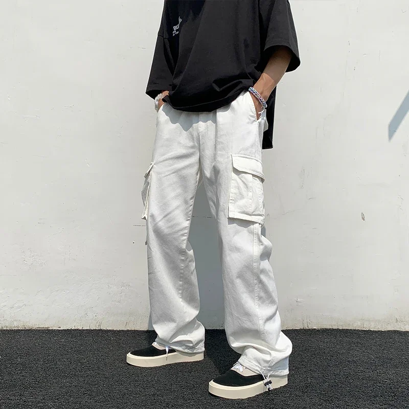 Pantalon Cargo à Jambes Larges et Droites pour Homme, Streetwear, Hip-Hop, à la Mode, Noir/Blanc