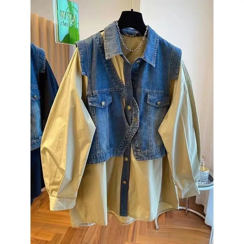 

Fake Two-piece Women's Autumn Loose Design Sense Denim Spliced Long-sleeved Top