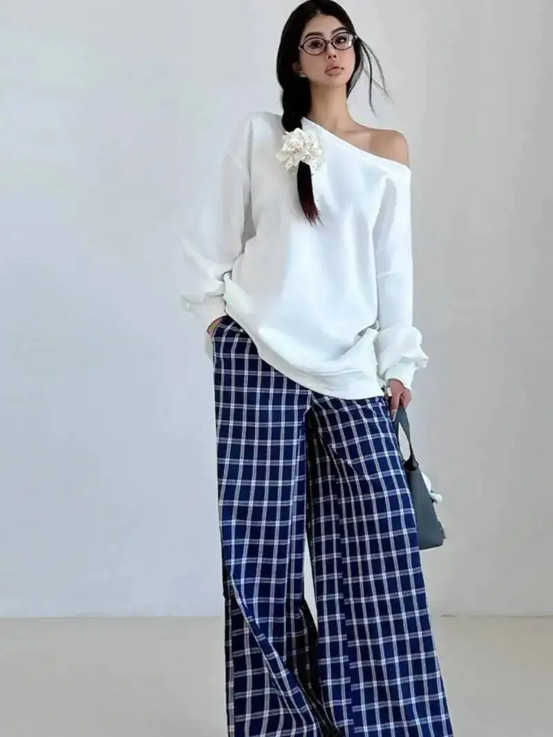 American Style Retro Spicy Girl High-waisted Single-breasted Wide-leg Pants Women Loose Casual Versatile Plaid Pants WYP1