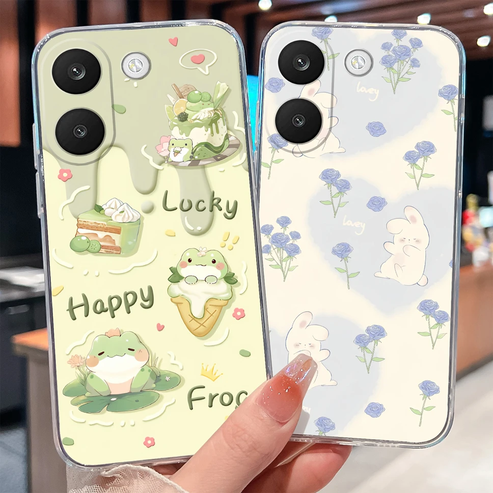 Cases For Xiaomi Poco X8 Pro Pro Max 5G Cute Rabbit Blue Flower Transparent Soft TPU Silicone Shockproof Back Cover Shell