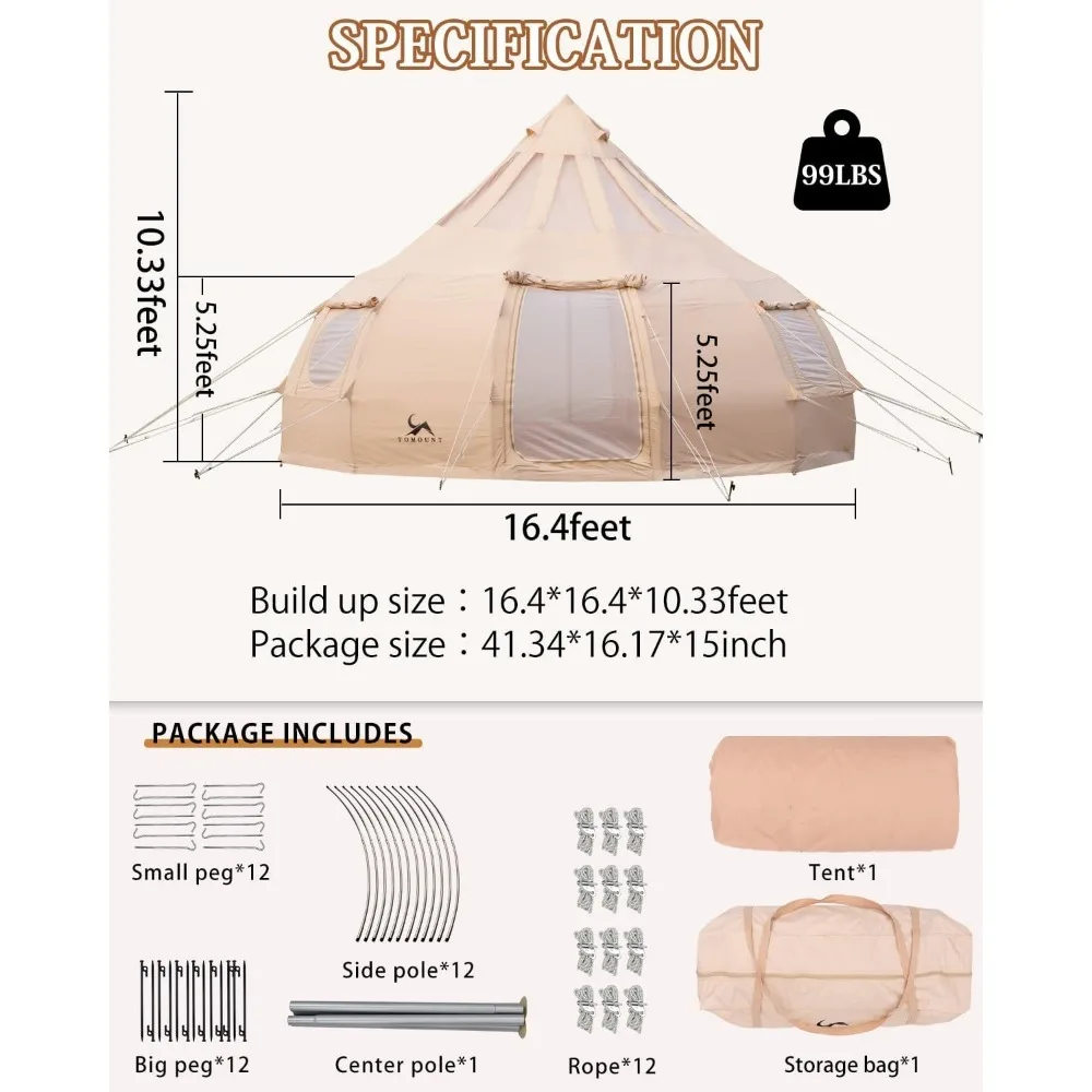 Canvas Tent with Stove Jack Bell Tent Yurt 16.4ft*High10.33ft Glamping Tent with TPU Transparent Roof for Family Camping