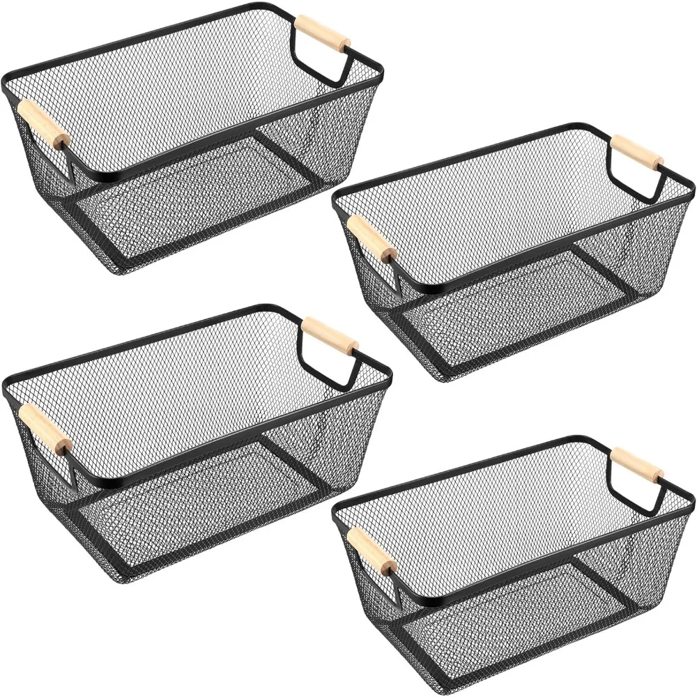 

4 Pcs Metal Wire Basket with Wooden Handles Mesh Steel Storage Organizer Bin Containers for Home Organizing Cabinet Pantry Close
