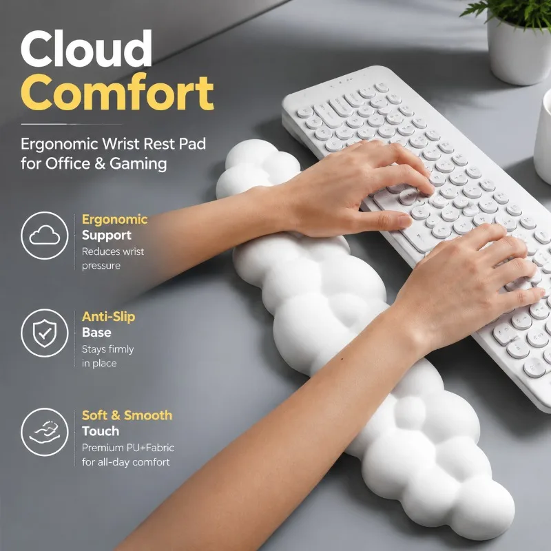 Cloud Shape Ergonomic Wrist Rest Pad with Mouse Pad, PU+Fabric Anti-Slip Desktop Support for Office and Gaming, Long