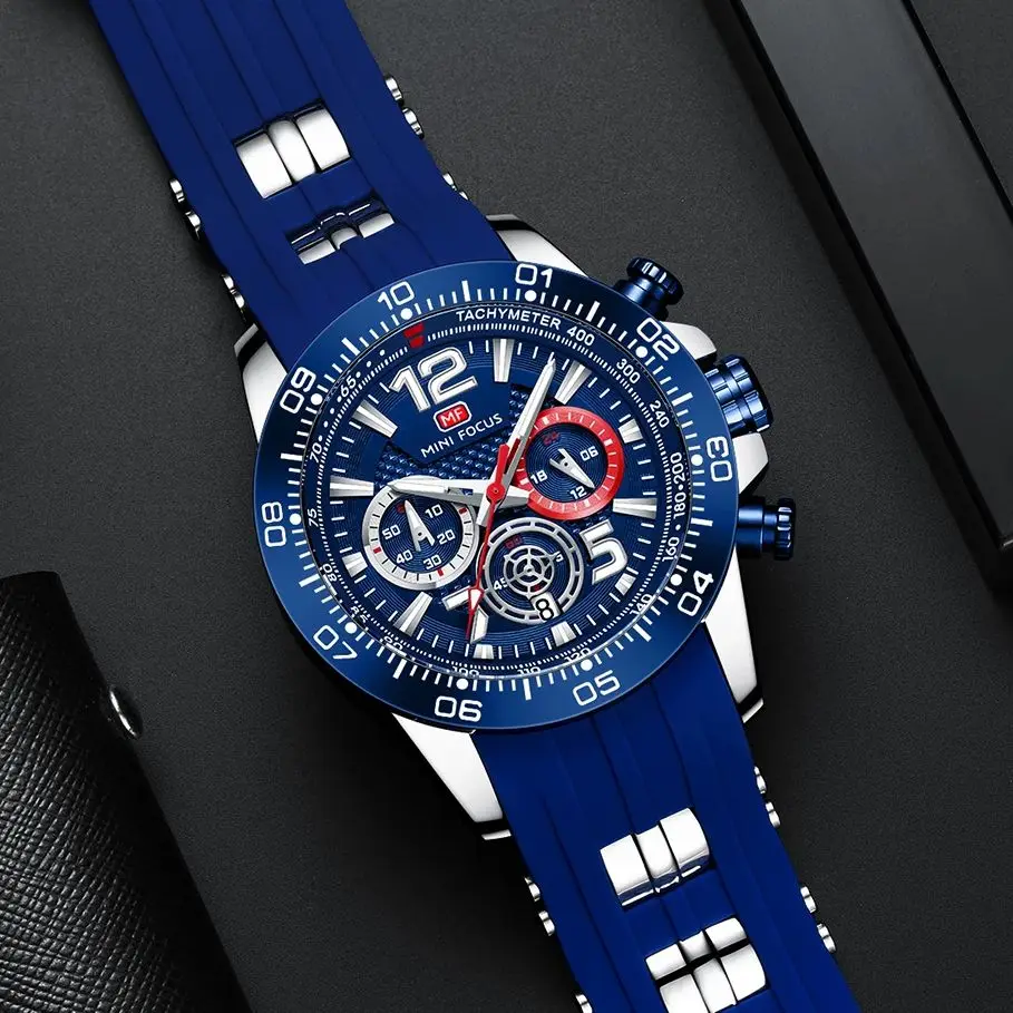 MINI FOCUS Men's Quartz Watches Waterproof Chronograph Silicone Wristwatch Reloj 0290G