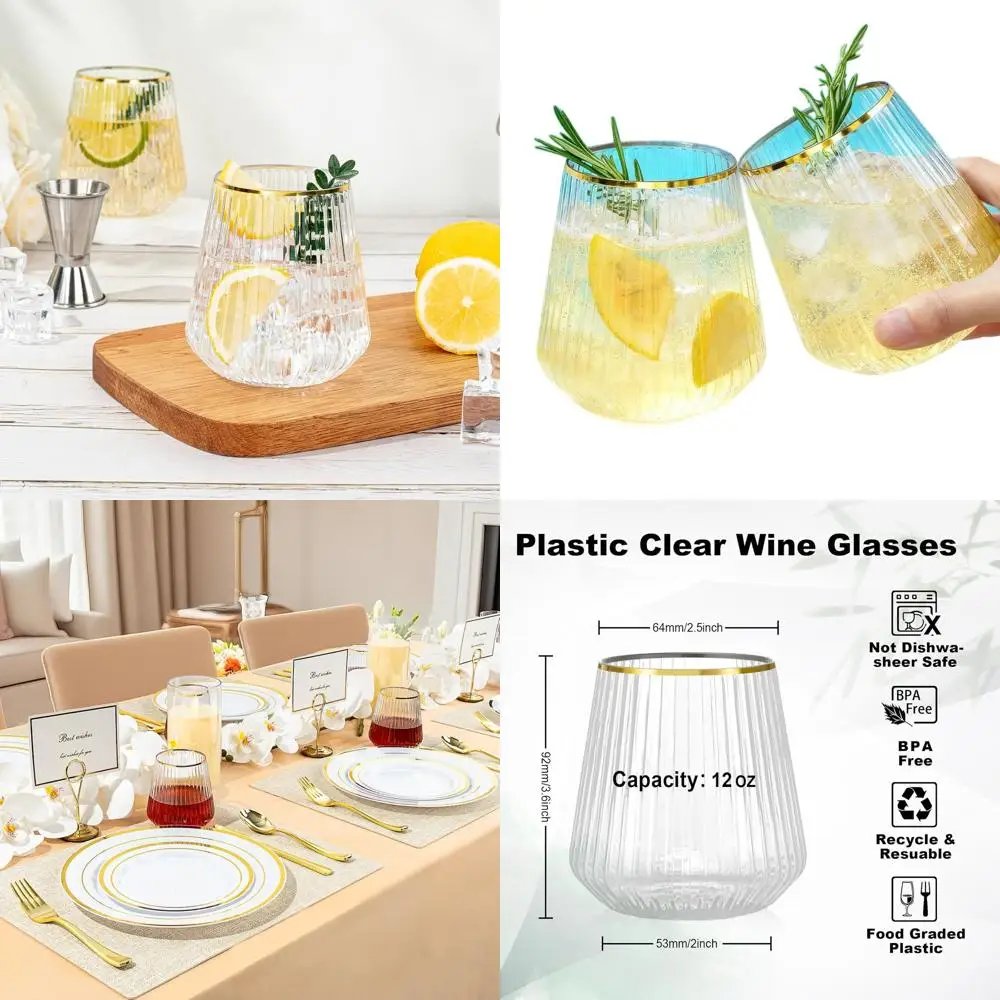 

Set of 72 Clear Plastic Wine Glasses with Gold Rims - Perfect for Weddings, Parties, and Everyday Use