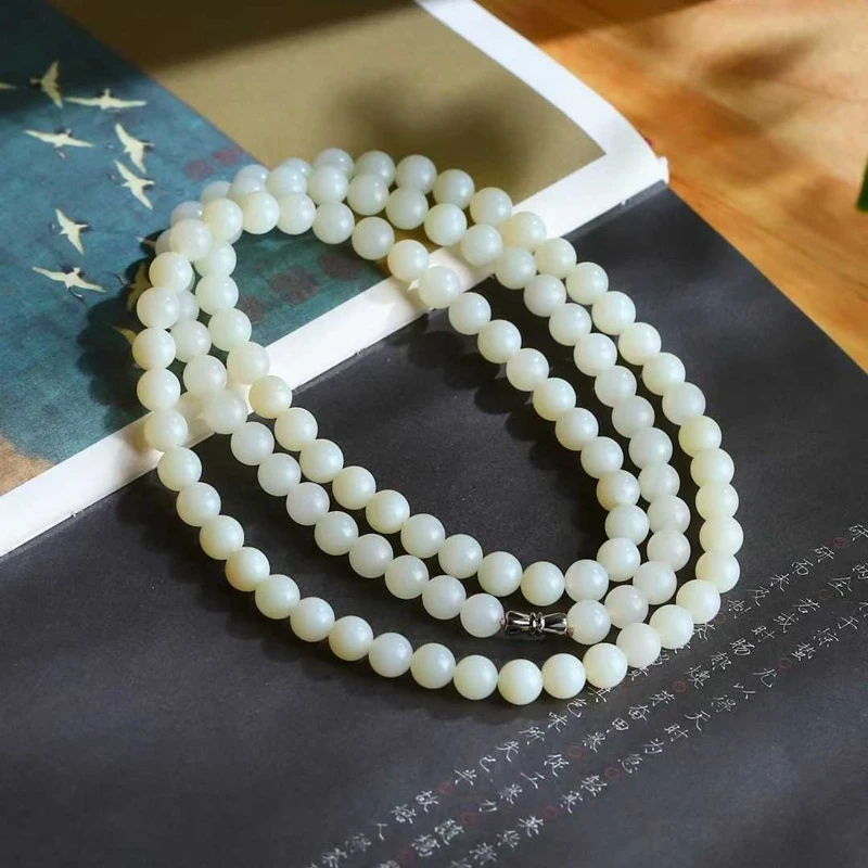 

Natural Hotan corn jadeite-grade white jade beads 108-bead necklace women