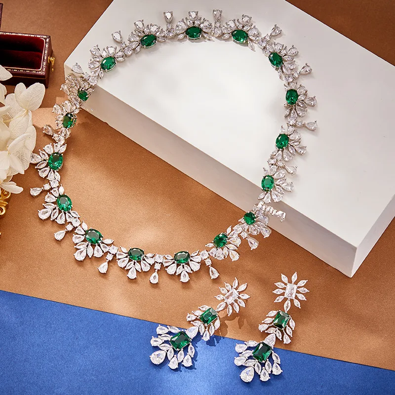 Designer Collection Necklace Earrings Women Lady Inlay Green Cubic Zircon Marquise Cut Petal Collarbone Chain Jewelry Sets