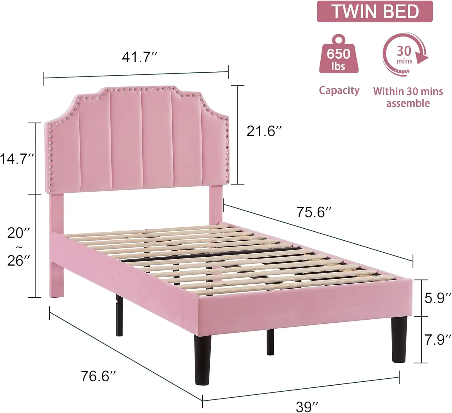 Twin gestoffeerd platformbedframe voor kinderen, meisjes, jongens, met getuft verstelbaar hoofdeinde/matrasfundering/houten latten Su