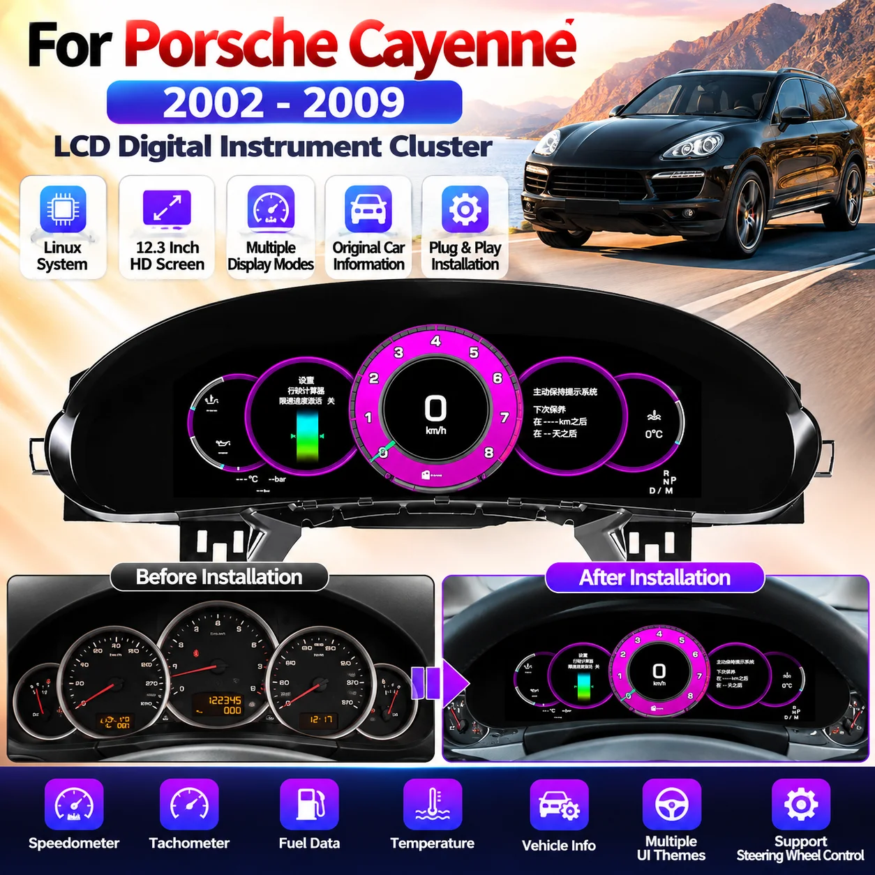 Digital Dashboard LCD Instrument Cluster For Porsche Cayenne 2002-2009 Virtual Cockpit Speedometer Odometer Display