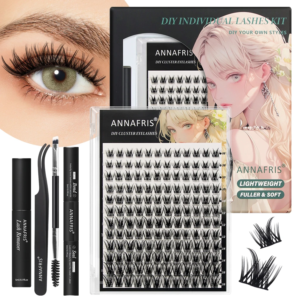 

ANNAFRIS DIY Lash Extension Kit Natural Soft Fluffy Clusters Individual Eyelashes Full Set with Bond and Seal