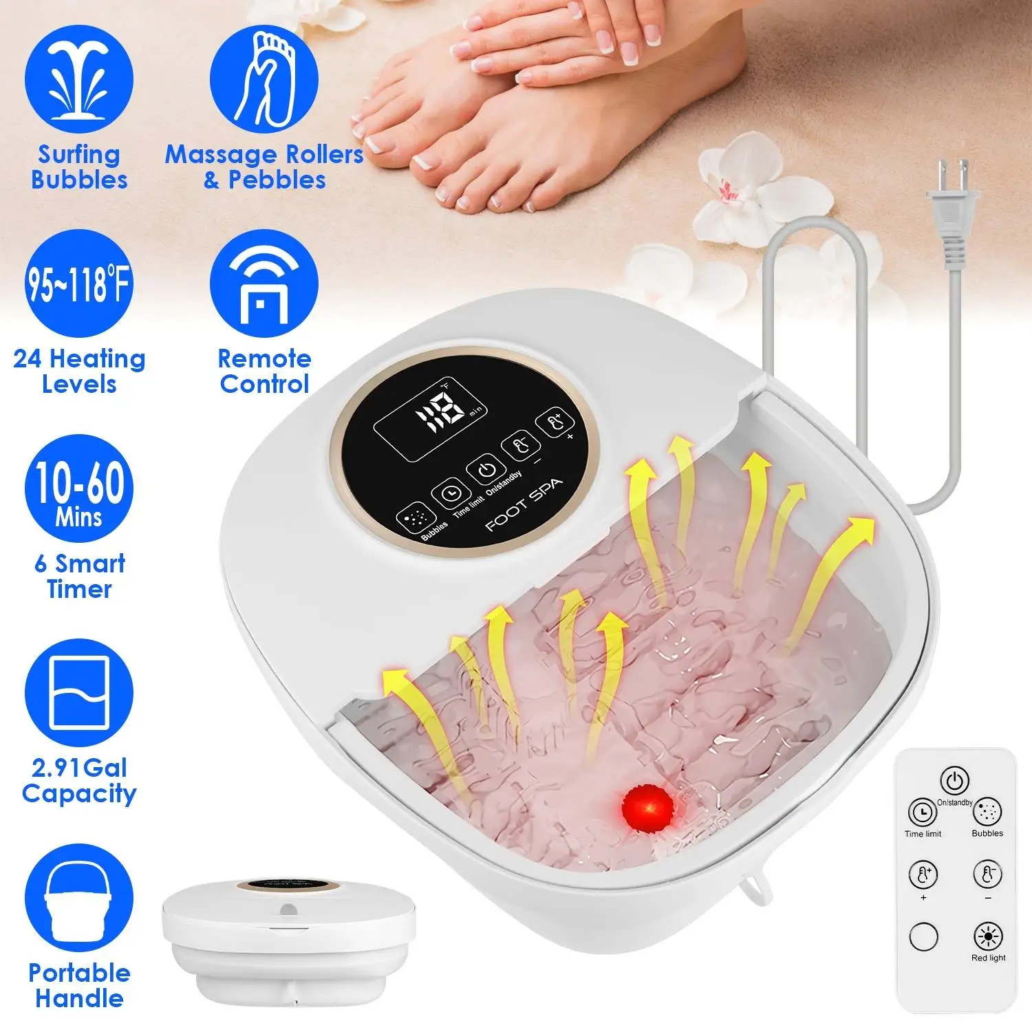 Foldable Electric Foot Spa Massager with Remote, 24 Heating Levels, 6 Timers, Massage Rollers & Soothing Bubbles