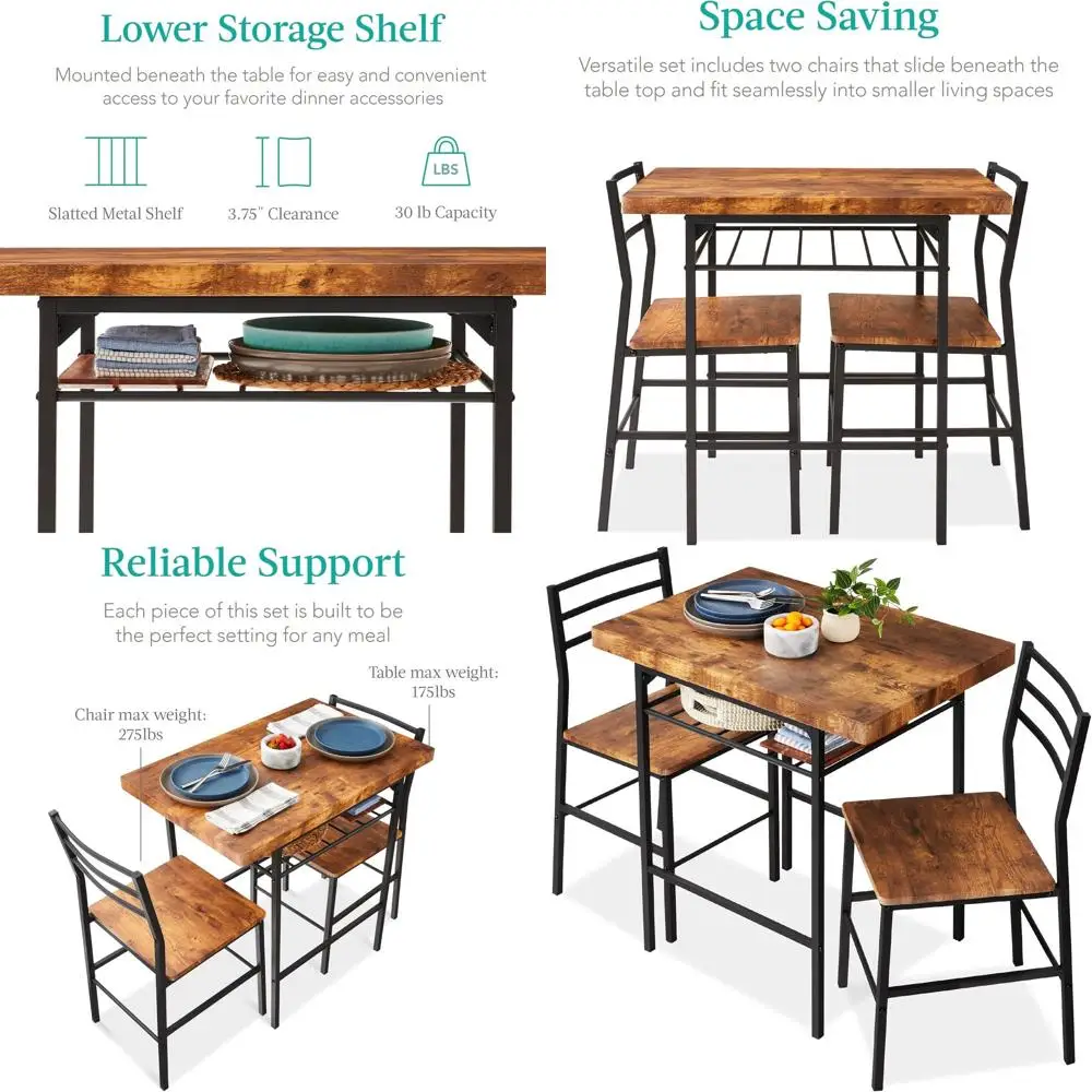 

Компактный обеденный гарнитур из 3 предметов со стальным каркасом и местом для хранения, подходит для небольших помещений, цвет: средний коричневый/черный