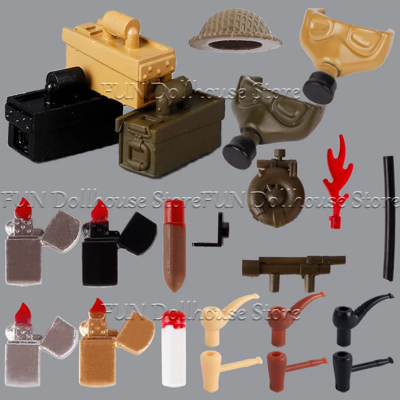 WW2 British Military Soldiers Figures Helmet 3D Printed Building Blocks Gas Mask Flamethrower Lighter Cigar Suitcase Bricks Toys