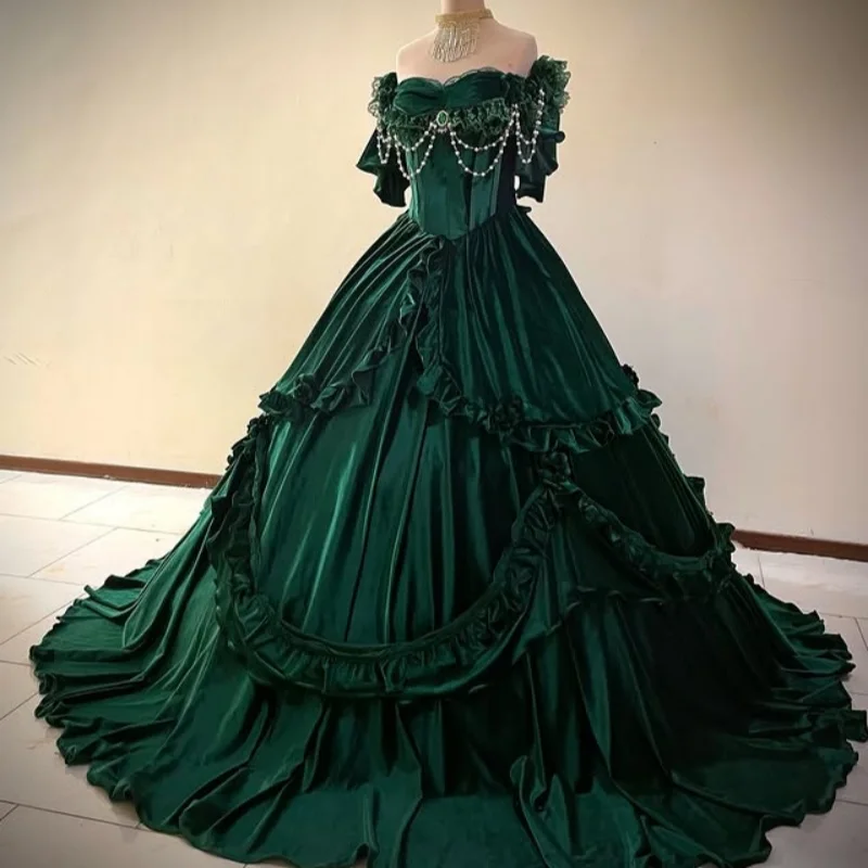 맞춤형 심플 블랙빛 녹색 킨세아녜라 드레스 오프숄더 아플리케 레이어링 롱테일 보우 베스티도 15 킨세아녜라