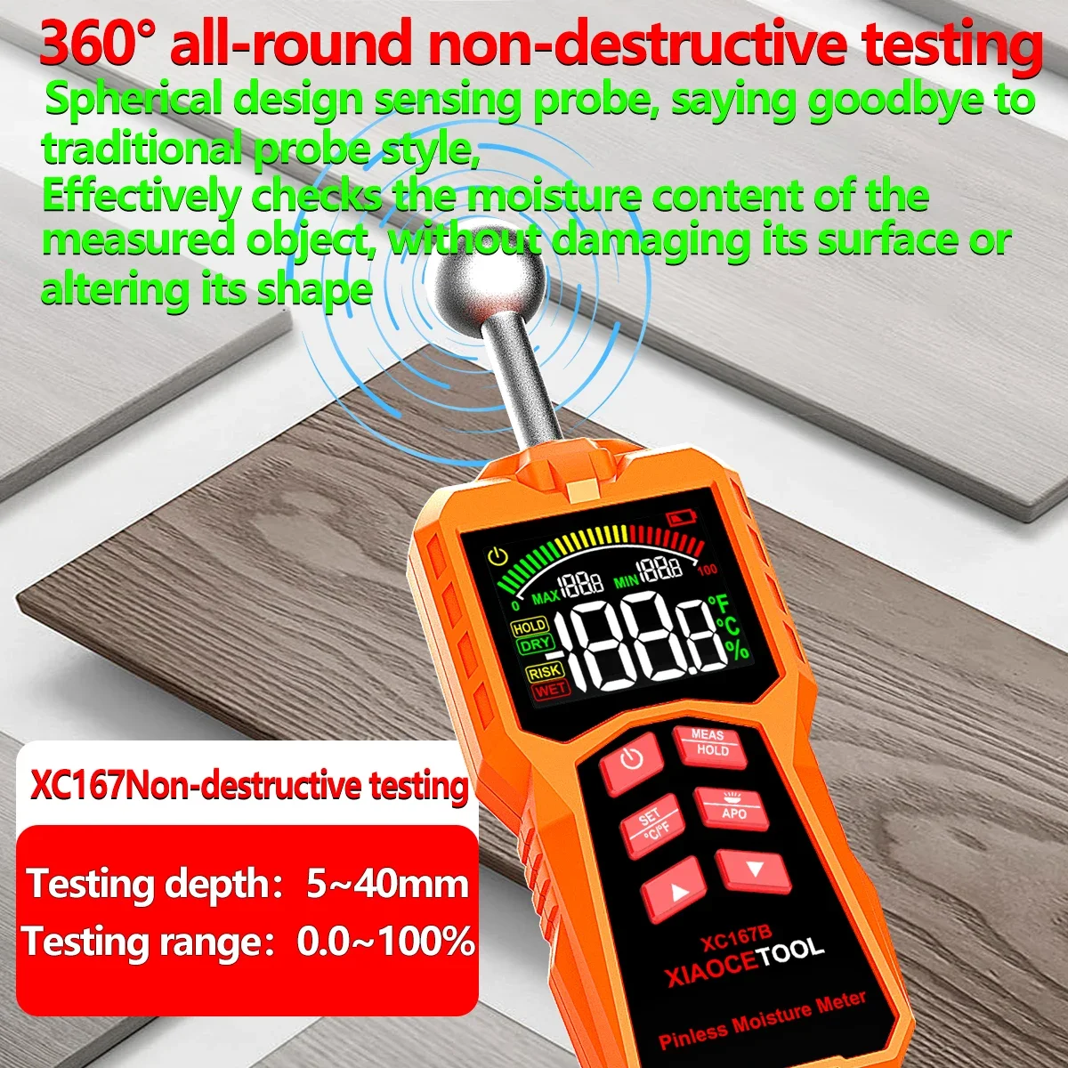 Spherical Non-Destructive Induction Moisture Meter, High-Precision Wall Water Leakage Detector, Wood Furniture Humidity Tester
