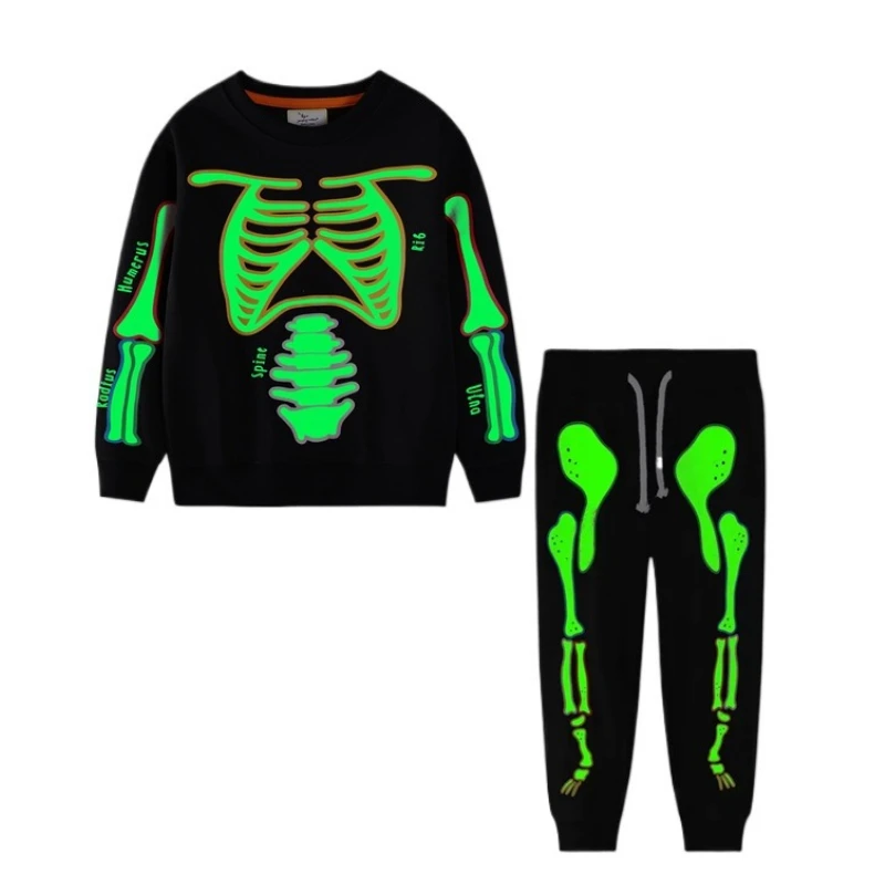 Halloween glow-in-the-dark patterned long-sleeved and long pants for boys, suitable for boys aged 2 to 7
