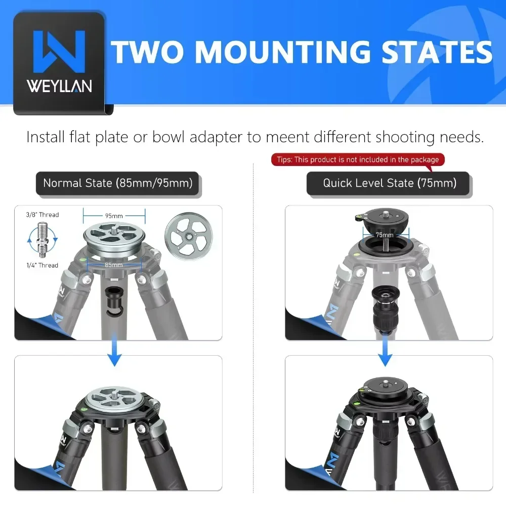 WEYLLAN LX9 Professional Heavy Carbon Fiber Camera Tripod Ultra Stable Birdwatching Camera Stand 40mm Tube 40kgLoad 75mm Adapter