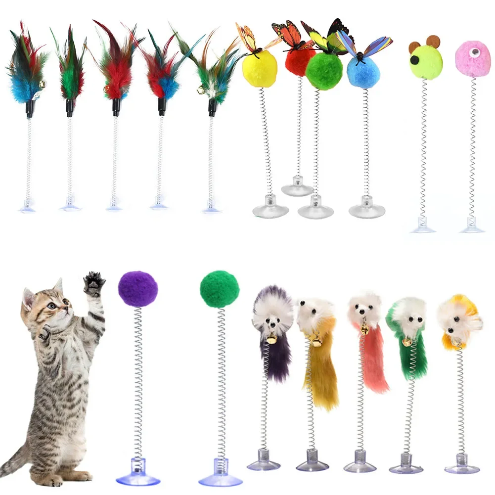 Multicolor Feather Stick Spring Toy Suction With Bell Mouse Cat Interactive Pet Tool Elastic Scratcher Mice Teaser Entertainment