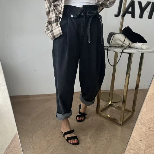 

Casual Black Blue Drawstring Straight Leg Jeans High Waist Bootcut Denim High Waist Spring Autumn Season Water Washed