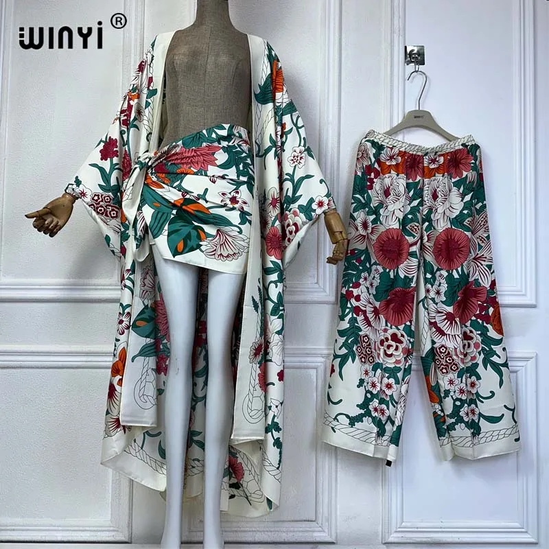 

WINYI 2024 NEW fashion two-piece pant sets Boho Printed Batwing Sleeve kimonos Women Printing Fashion Cardigan Pants أطقم بناطيل