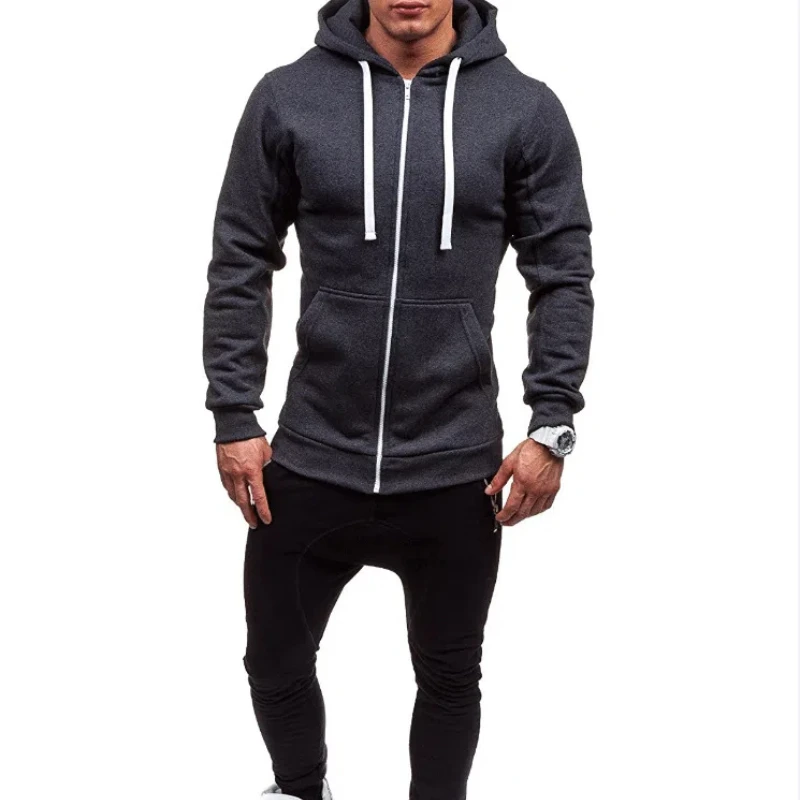Spring Autumn New Fashion Solid Color Hooded Long Sleeve Cardigan Man High Street Zipper Patchwork Pockets All-match Sweatshir