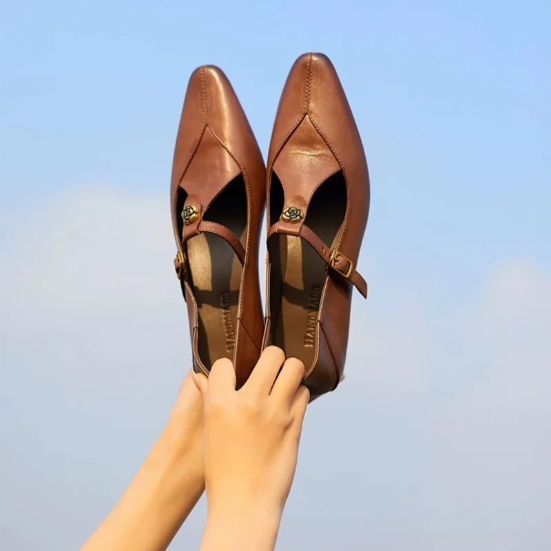 Ladies Black Leather Mary Jane Flats with Metal Rose T-Strap Slip on Casual Ballet Shoes Women's Comfortable Flats