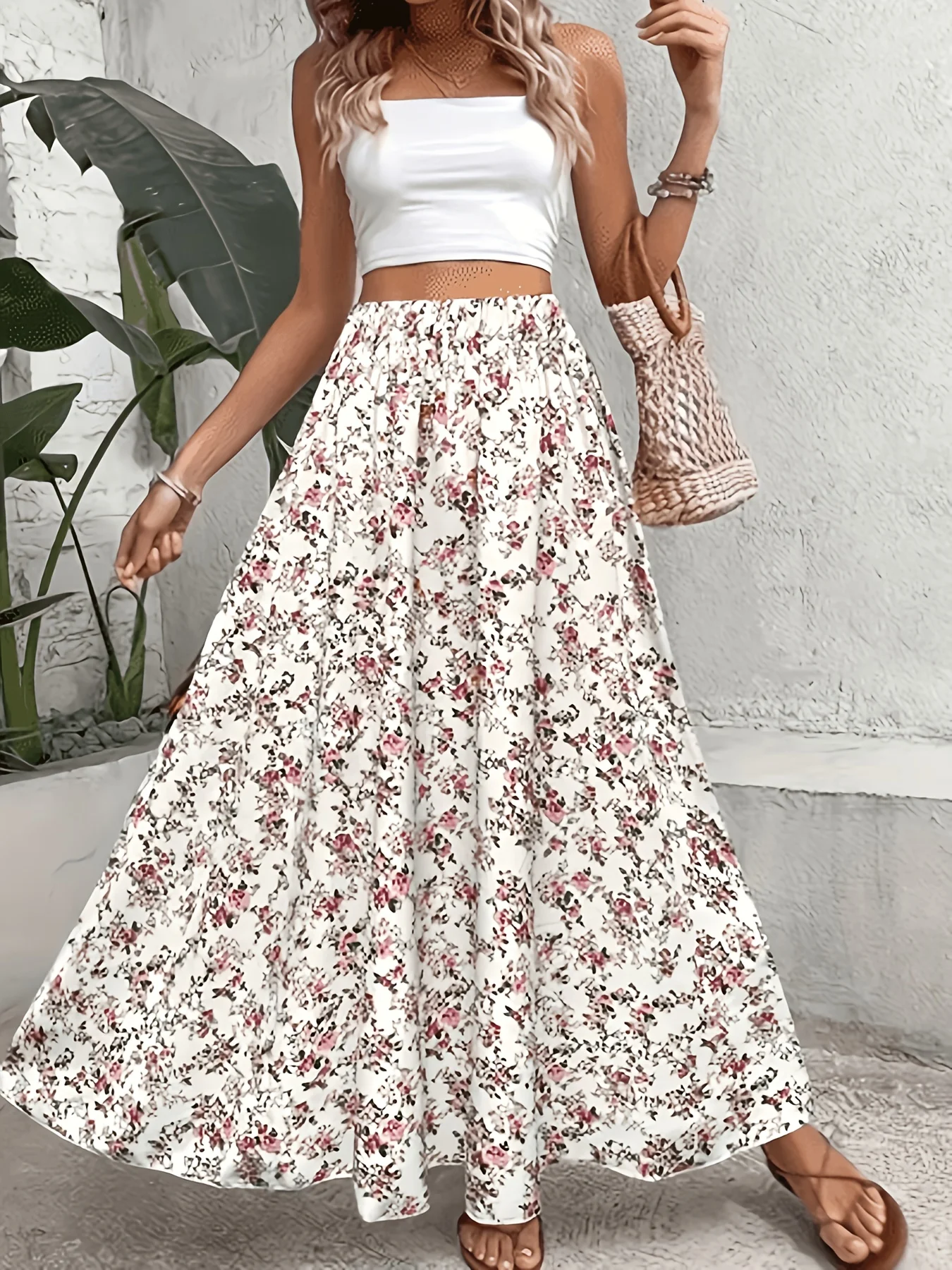 Women Ditsy Floral Print Maxi Skirt Elastic High Waist A Line Big Swing Flowy Long Skirt Summer Beach Vacation Casual Skirts