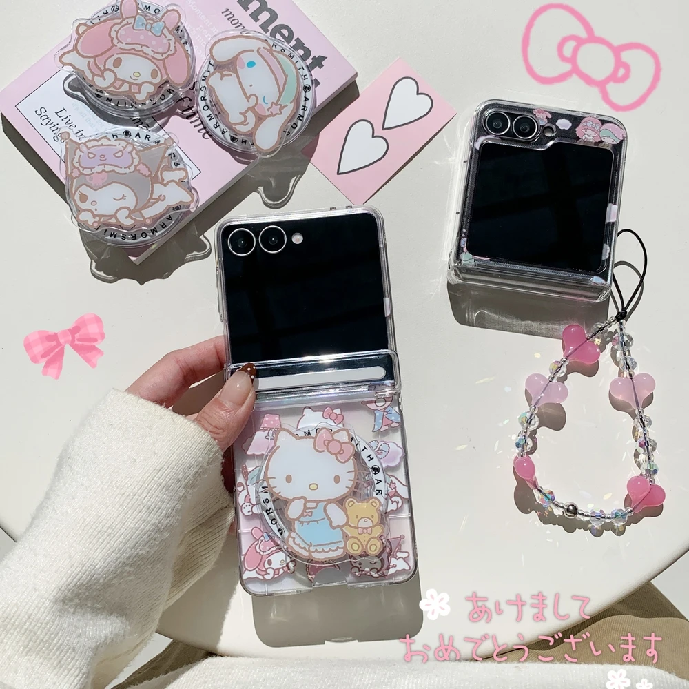 Funda con Cartera Magnética y Carga Inalámbrica para Samsung Galaxy Z Flip 7 6 5, Diseño Sanrio Hello Kitty Kuromi