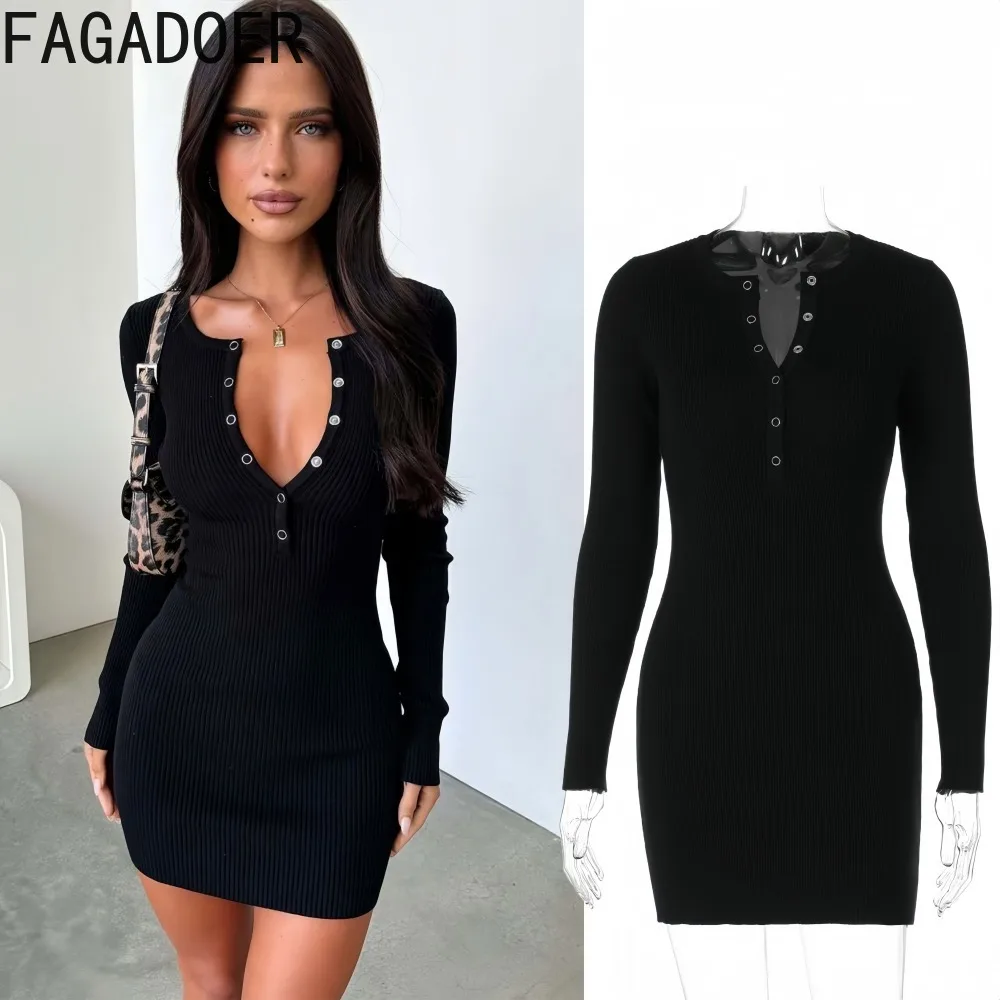

FAGADOER Sexy High Quality Thickened Elastic Knit Bodycon Dresses Women Solid Single Breasted Dress Female Streetwear Vestidos
