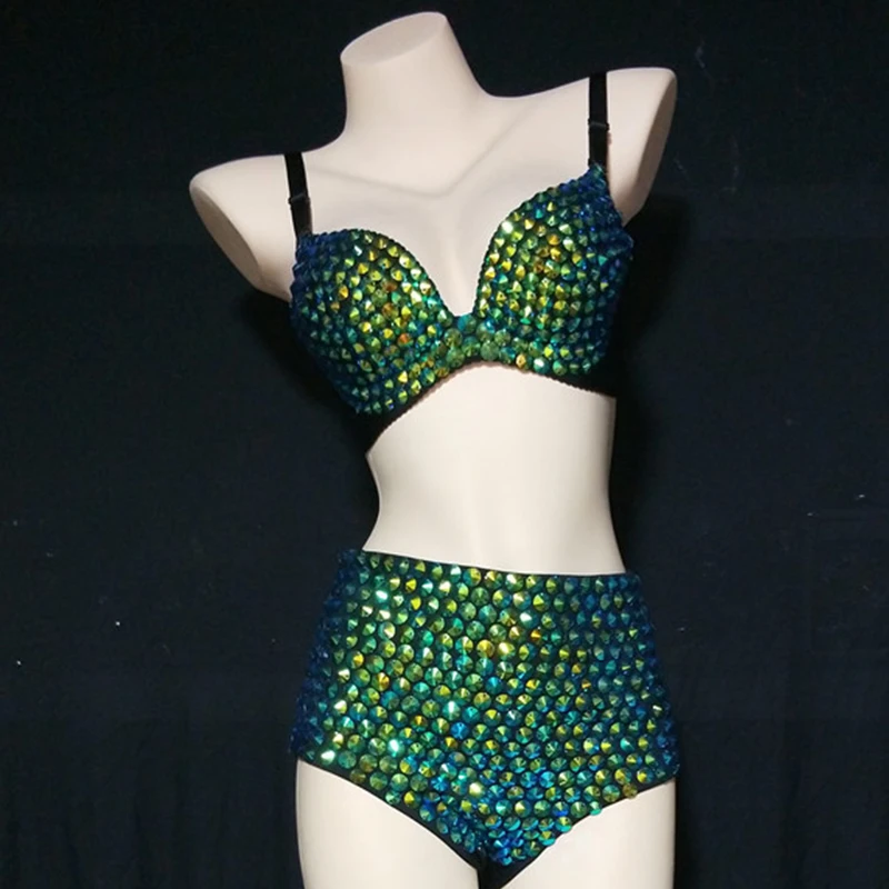 Traje de Bikini verde con diamantes de imitación para mujer, traje de bailarina y cantante, ropa Sexy para actuación en escenario, disfraces de Gogo para club nocturno, ropa para fiesta Rave yj050