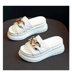 Chain High Heels Slippers Women Wedding Shoes Summer 2022 White Black Platform Wedges Slides Ladies Beach Slippers