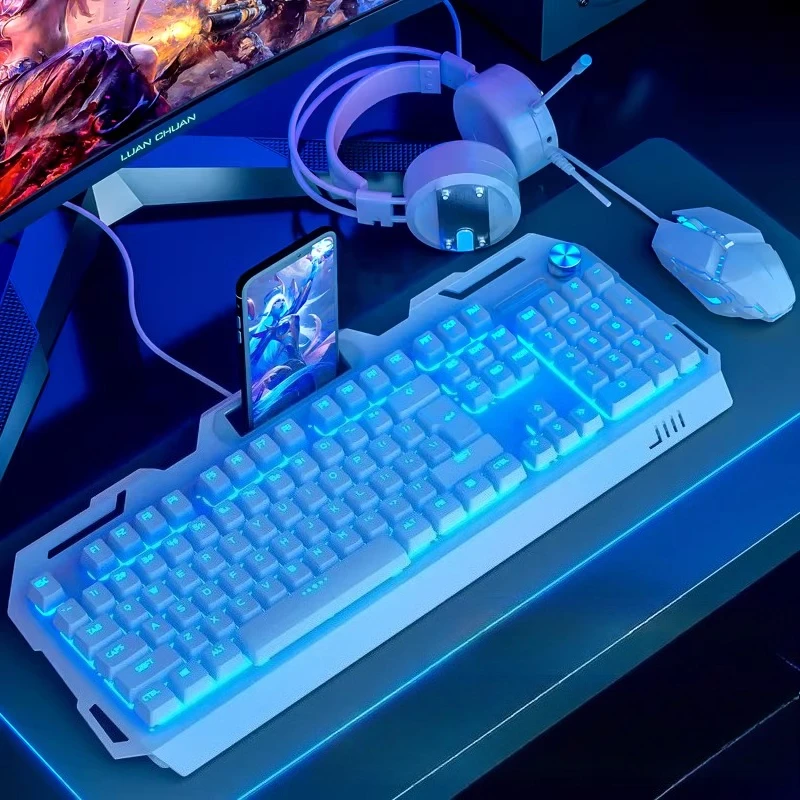 Luminous mechanical feel keyboard, mouse set, wired earphone three-piece set