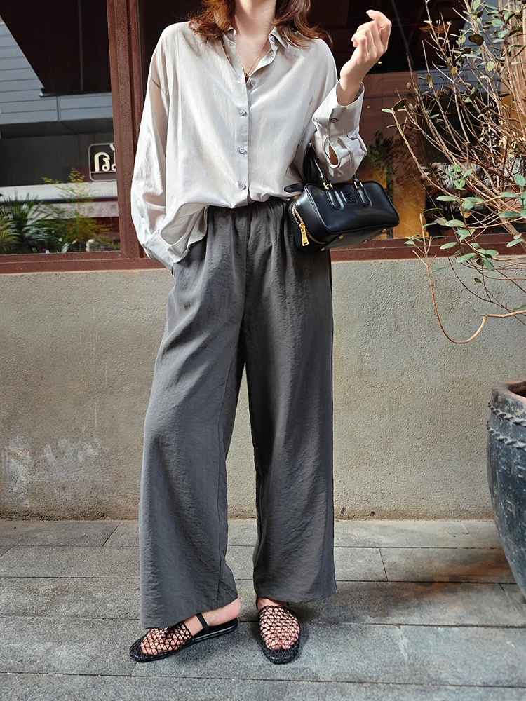 

Laid-ba Sle Silk Wide Leg Pants Thin Straight Cut Loose Fit Casual Trousers Ele Draped Silhouette Spring Collection