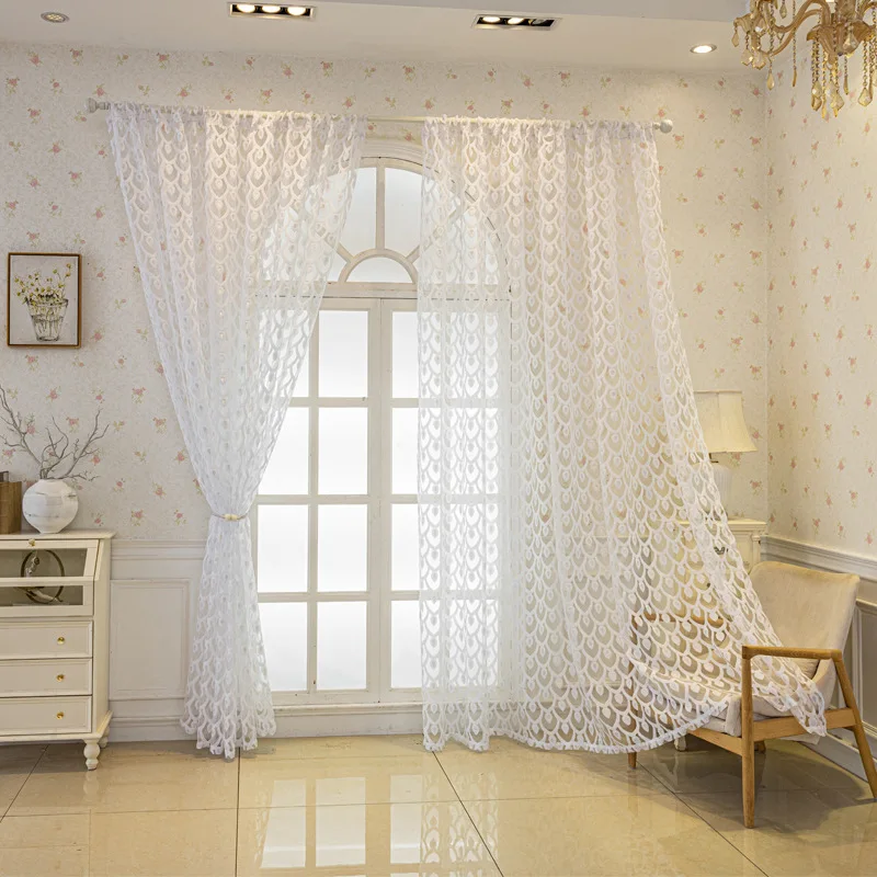 Multi-Color Peacock Feather Hollow Embroidered Sheer Curtain, Luxury Textured Light Filtering Voile, Made Drapes for Living Room