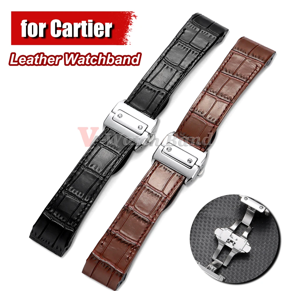 20 mm 23 mm Uhrenarmband für Cartier Santos, echtes Kalbsleder, Armbänder, Faltschließe, Slub-Muster, Herren- und Damenarmband